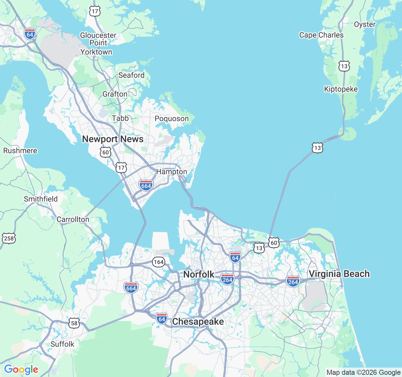 Hampton Roads map showing Yorktown, Newport News, Hampton, Norfolk, Virginia Beach, Chesapeake, and Suffolk