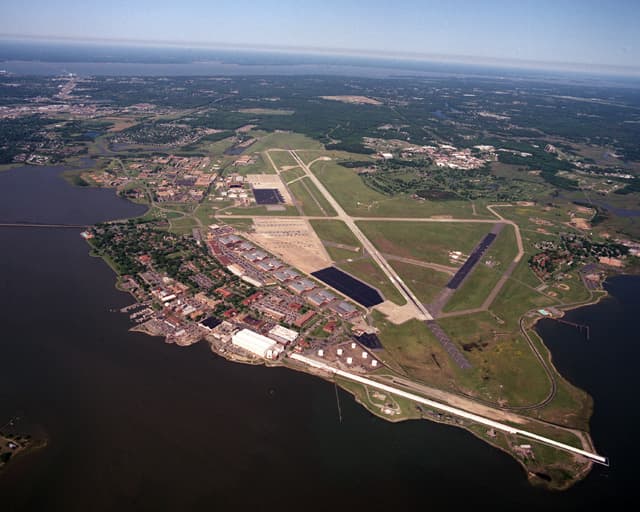Aerial view of the Langley AFB airfield and hangars at Joint Base Langley–Eustis.